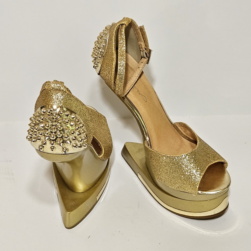 Champagne Glitter Spike Studded Anti Gravity Wedge Womens Shoes Sz 6.5 - Picture 7 of 10